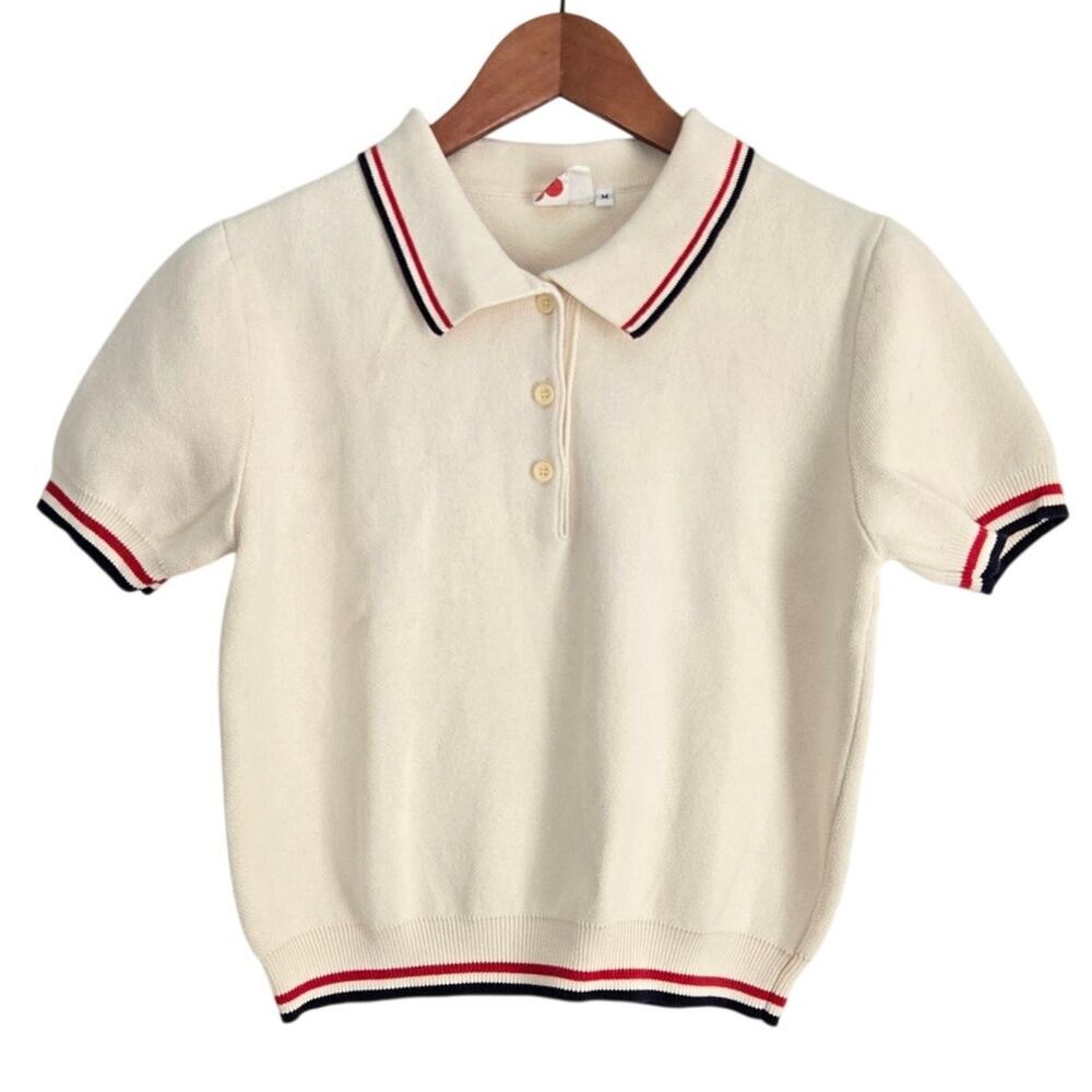 Kido Studio Wear Cream Retro Sporty Chic Tenniscore Knit Polo Top Size Medium 